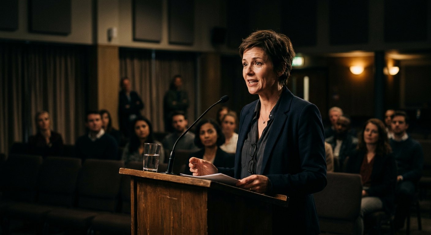 A woman speaking at a lectern to a small audience in a dim hall, faces softly lit.