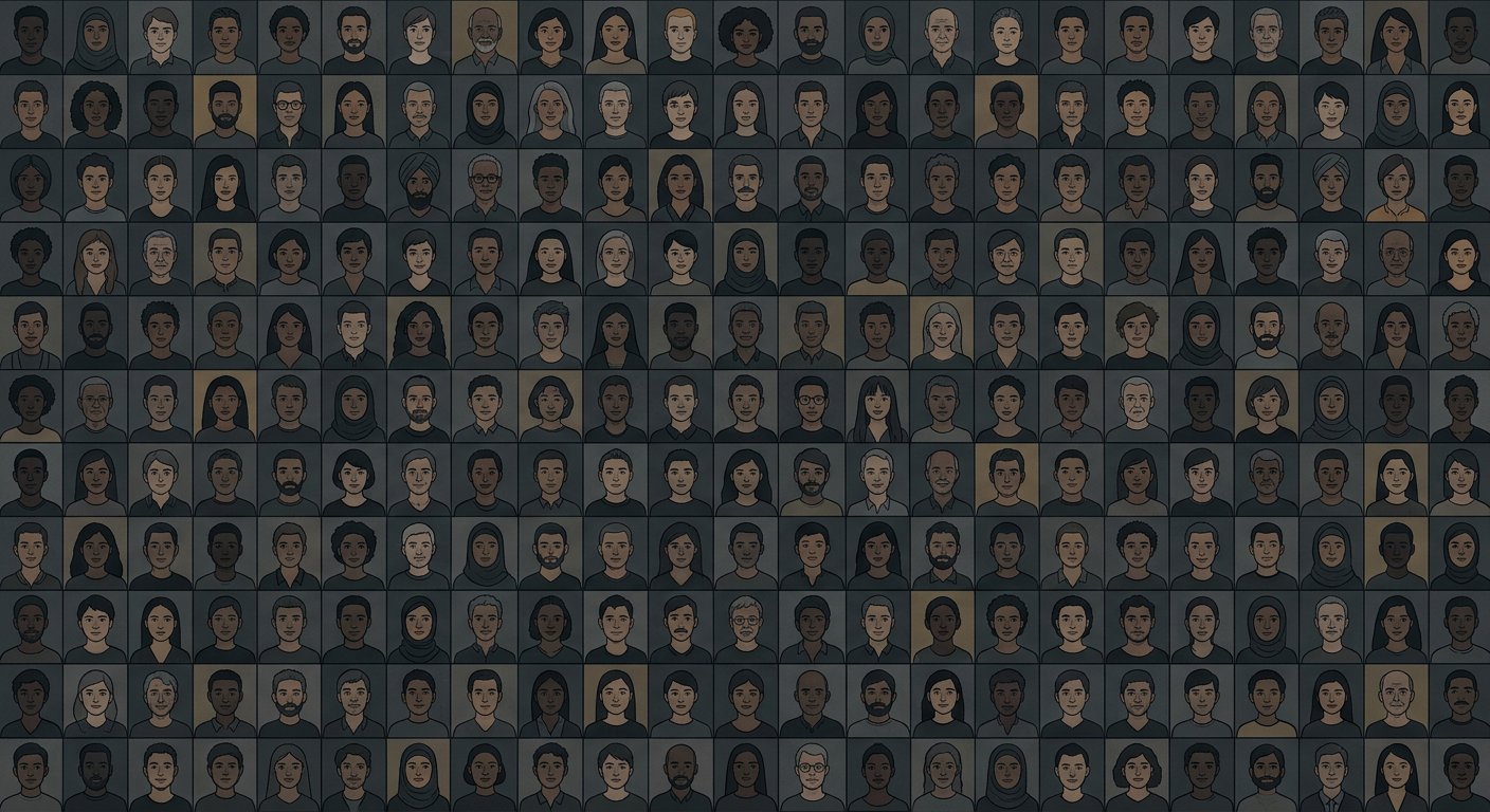 An illustration of many generic faces in a grid, dark muted palette.