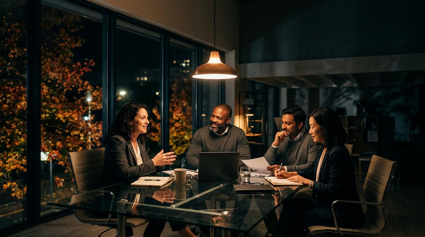 A group of colleagues in discussion around a table in a dim office at night, warm amber light, autumn leaves beyond the window.