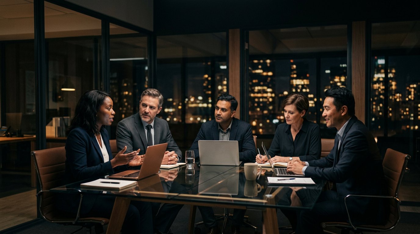 A group of people in discussion around a glass table in a dim office at night, faces lit by screen glow.