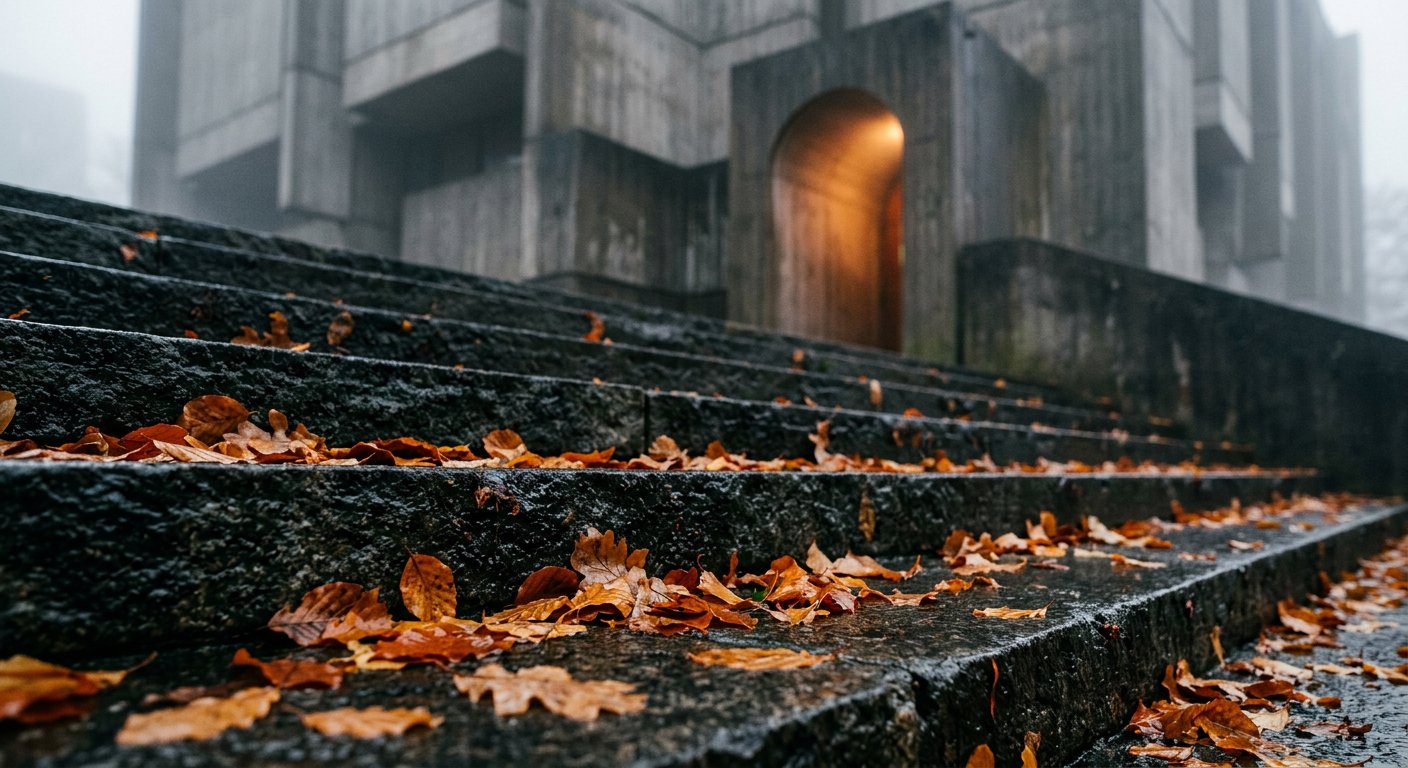 Wet stone steps of an archive building scattered with autumn leaves.