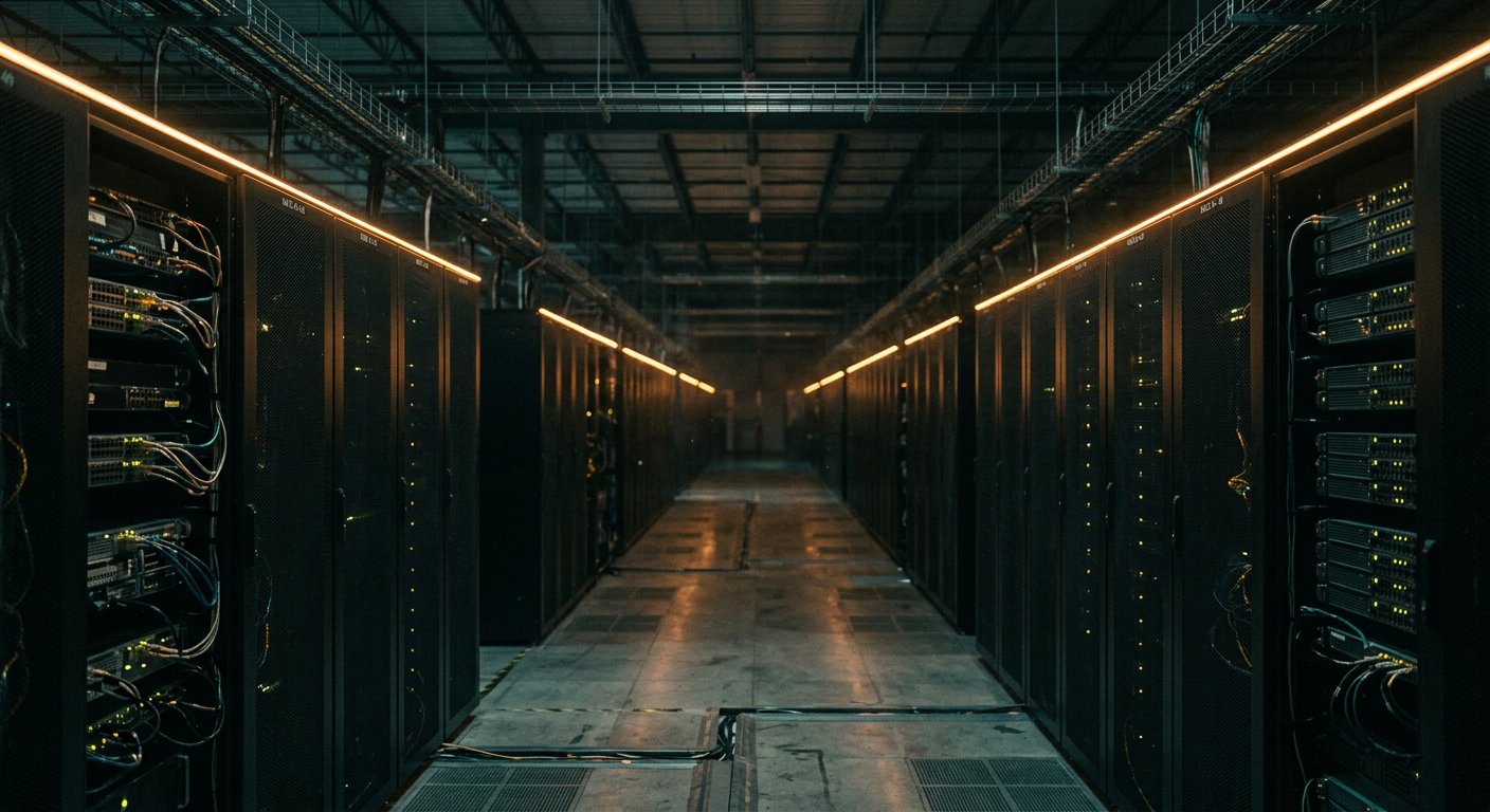 A dark data-centre hall, rows of server racks receding into shadow under amber light strips.