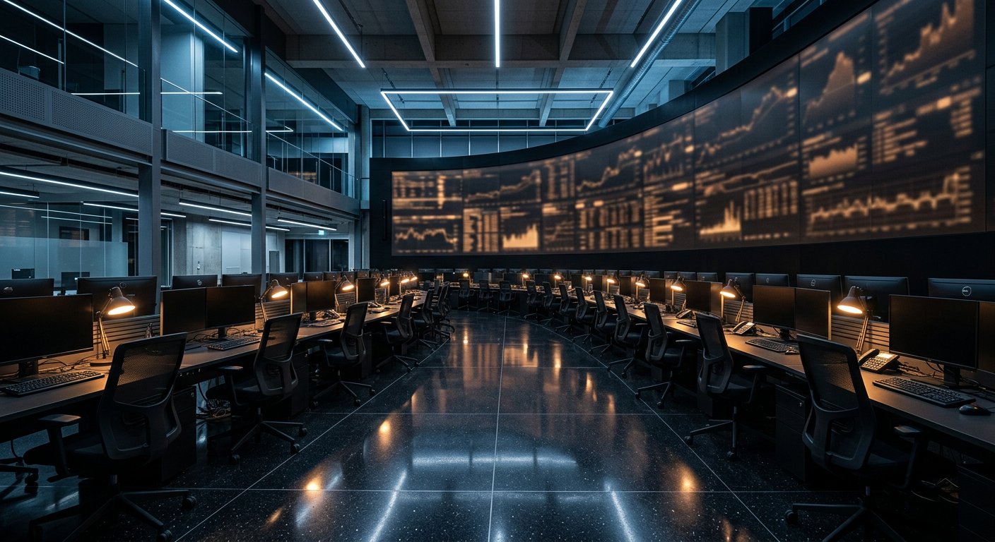 An empty trading floor at night, dark monitors glowing with faint amber charts.